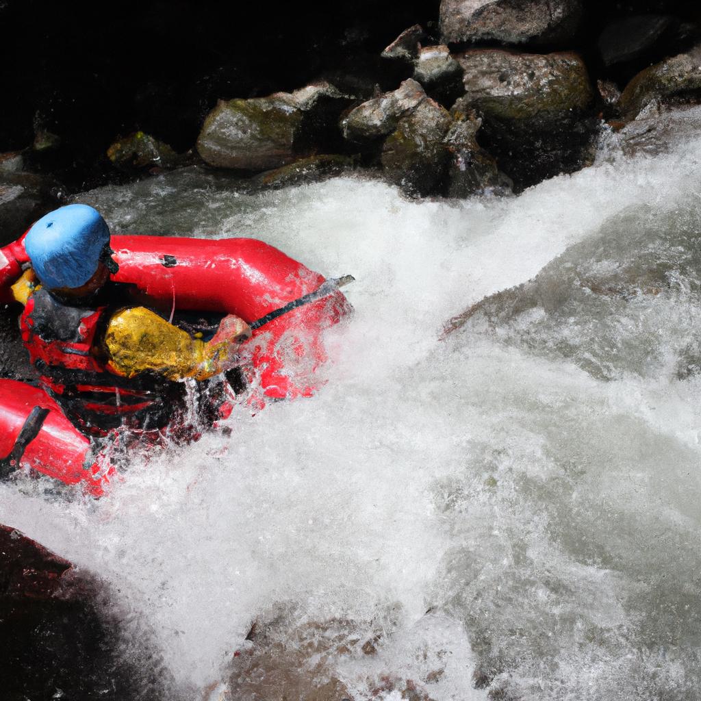 Person rafting down rushing river